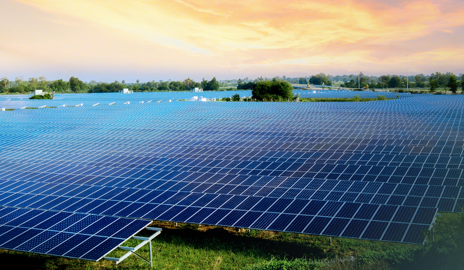 Aerial view of solar farm at golden hour